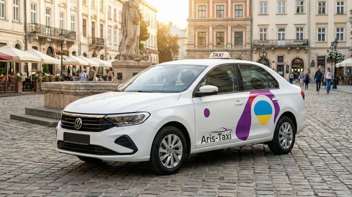 Брендований автомобіль Aris-Taxi, Volkswagen Polo білого кольору